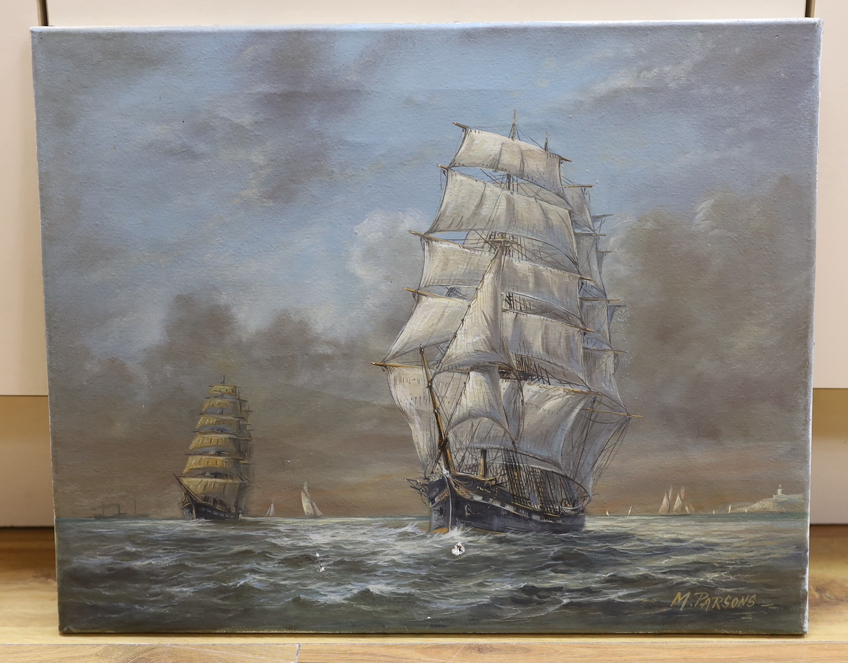 Max Parsons A.R.C.A. (1915-1998), oil on canvas, Sailing ships at sea, signed, 41 x 50cm, unframed